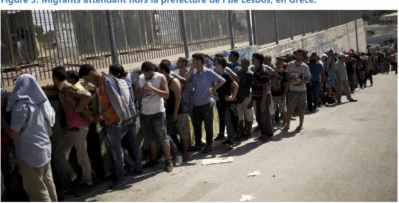 Figure 3: Migrants attendant hors la préfecture de l’Île Lesbos, en Grece.