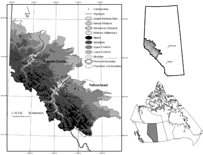 Figure  4.1.  Overview  of  the  study  area  in  Alberta,  Canada,  showing  natural  subregions,  the  Grande-Cache  provincial  grizzly  bear  (Ursus  arctos)  population  unit  (north),  the  Yellowhead  provincial grizzly bear population unit (south),