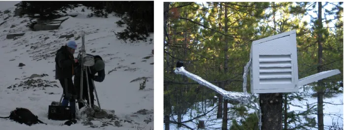 Figure 1.1. Exemples de stations météorologiques installées à moins de 700 m de tanières dans les  Montagnes Rocheuses et la forêt boréale (piedmonts) de l’Alberta entre décembre et janvier 2007  à 2011