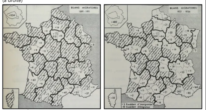 Figure 2 : Bilans migratoires départementaux de 1891 à 1911 (à gauche) et d 1921 à 1936  (à droite) 