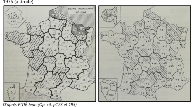 Figure  3 :  Bilans  migratoires  départementaux  de  1962  à  1968  (à  gauche)  et  de  1968  à  1975 (à droite) 