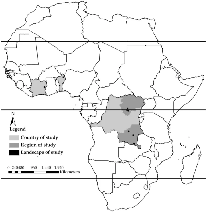 Figure 1.2 – Location of the 11 sites, in their regions and countries, corresponding to the African landscapes studied in the present thesis