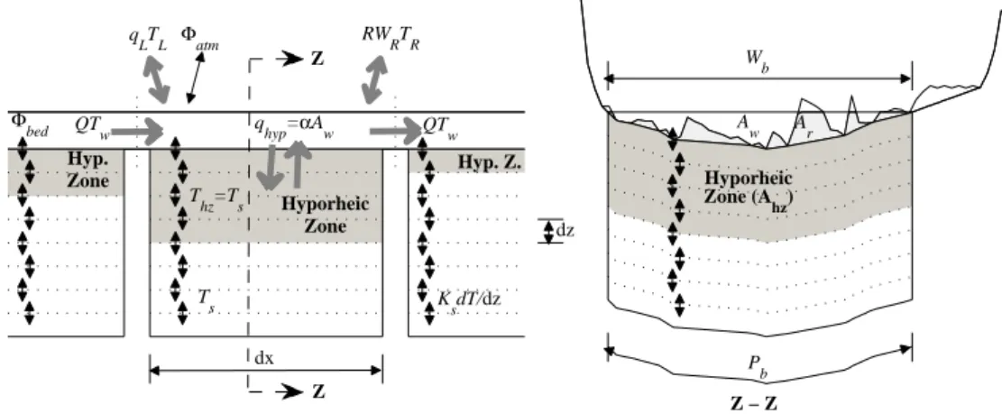 Fig. 3. Schematic of the 1-D advection-dispersion model with transient storage. The grey arrows are water fluxes, the black arrows are energy fluxes