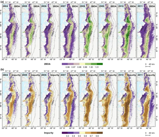 Figure 6. Maps of mean 2BDA index (a) and impurity index (b) over July and August from 2004 to 2011.