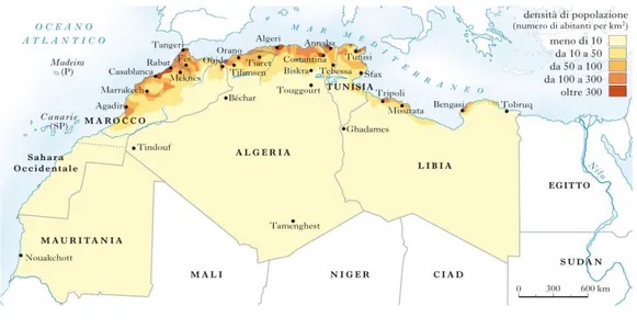 Figure  1  :  Carte  du  Maghreb  et  densité  de  population 