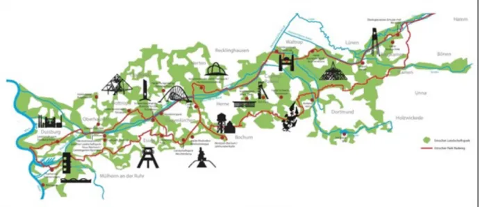 Figure 9. Le grand parc paysager de l’Emscher et les principaux projets emblématiques (source : http://fahrradtour.ruhr/°)