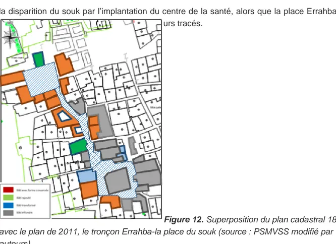 Figure 12. Superposition du plan cadastral 1870 avec le plan de 2011, le tronçon Errahba-la place du souk (source : PSMVSS modifié par auteurs)