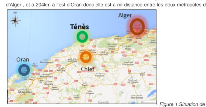 Figure 1.Situation de la ville de Ténès (source : Google Map 2015, modifié).