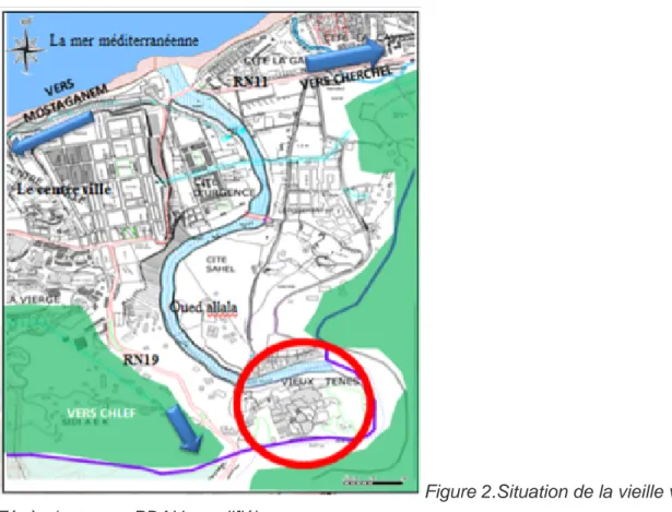 Figure 2.Situation de la vieille ville de Ténès (soturce : PDAU, modifié).