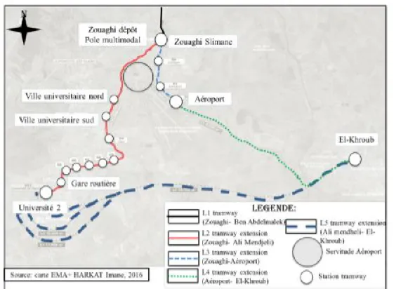 Figure 3. Projets d’extensions du tramway de Constantine (source : SETRAM, 2015, Harkat I., 2016)