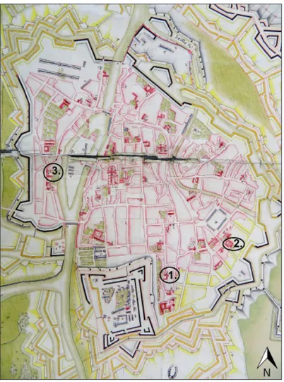 Figure 2. Plan de Metz avec ses projets, 1739, détail. AD 57, CP1594. © J. Piront. 1. Monastère des  carmélites, 2