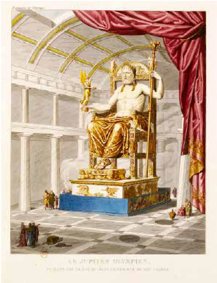 Fig. 1. Zeus d’Olympie. Dessin de M. Quatremère-de-Quincy (Le Jupiter olympien, ou l’Art de la  sculpture antique, Paris, Didot, 1814) inspiré des descriptions de la statue de Phidias