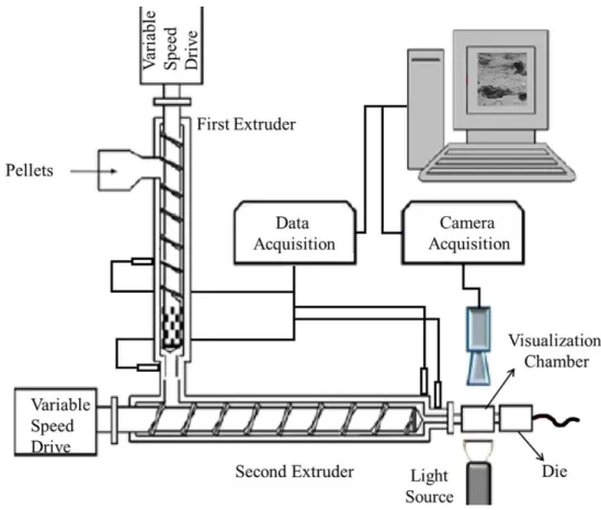 Figure  ‎ 1.1- Schematic representation of the set-up used for online visualization of  PP melt during extrusion [37]
