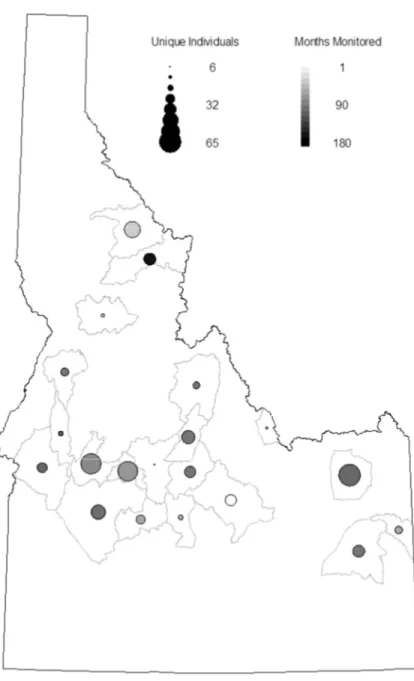 Figure  2‐3  Telemetry  data  used  in  the  study.  The  size  of  the  dots  represents  the  number  of  unique  individuals  monitored in the GMU while the grey scale of the dot is used to show the number of months the GMU had a sample  size 