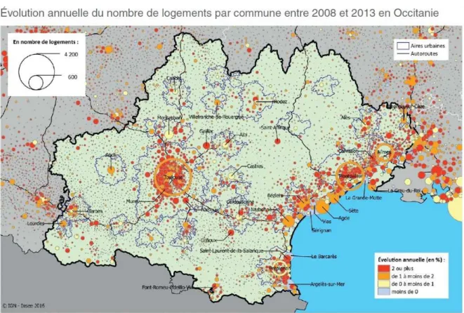 Fig. 9 : Une dynamique démographique centrée autour de Toulouse et sur le littoral :   une évolution du nombre de logements en conséquence 