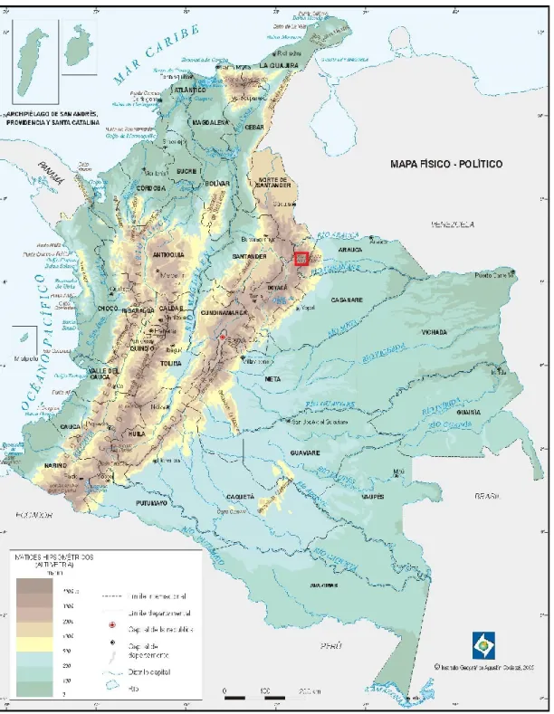 Figure 1. Carte de la Colombie et de la région spécifique à l'étude, en rouge 