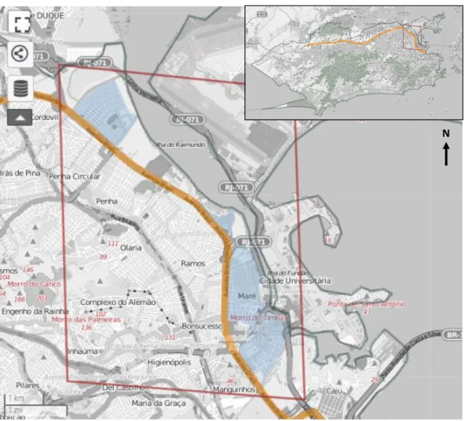 Figure 7  :  Carte  de  localisation  du  Complexo  da  Maré  par  rapport  à  l’Avenida  Brasil  et  à  la  municipalité de Rio de Janeiro