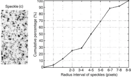 Fig. 7. Cumulative percentage of speckles within a given radius interval for speckle pattern (c)