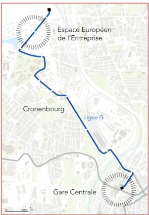 Figure 14. Précédente liaison entre la Gare de  Strasbourg et l'Espace Européen de l'Entreprise,  imposant une rupture de charge à la station  Rotonde - TJ 