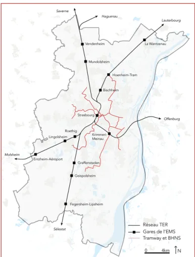 Figure 16. Étoile ferroviaire strasbourgeoise et gares de  l'Eurométropole de Strasbourg - TJ