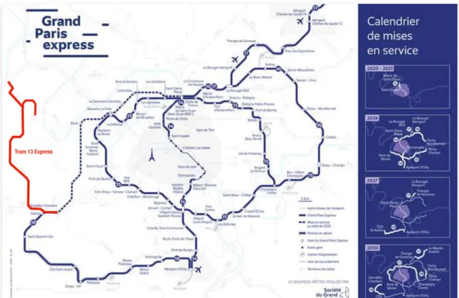 Figure 7 : Tracé des lignes du Grand Paris Express, dont celui du Tram 13 Express  Source : Carte modifiée provenant du Site Web du Grand Paris Express