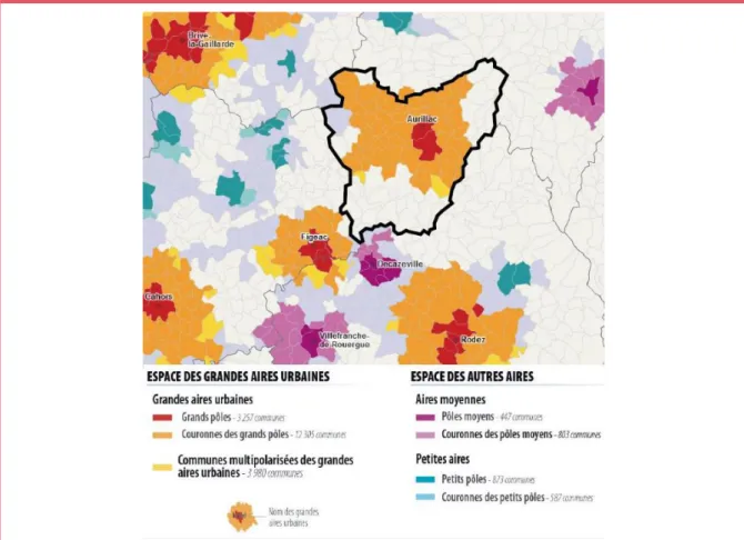 Figure 3 : Aire urbaine d’Aurillac en 2010 - Source : Diagnostic du SCoT du bassin d’Aurillac, du  Carladès et de la Châtaigneraie, 2018, p.41