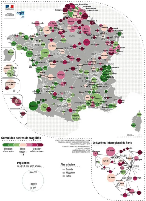 Figure 9 : Carte les signes de fragilité économique et sociale des différentes villes moyennes - Source :  CGET 39