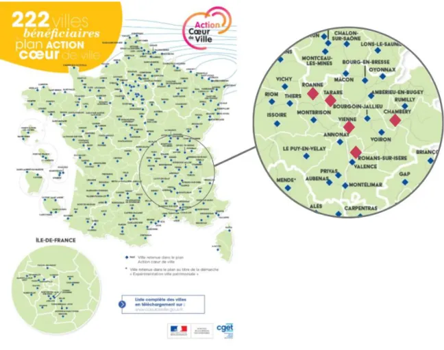 Figure 10 : Carte représentant les villes d’étude choisies – Production personnelles, source : Guide du  programme national « Action Cœur de Ville », 2019