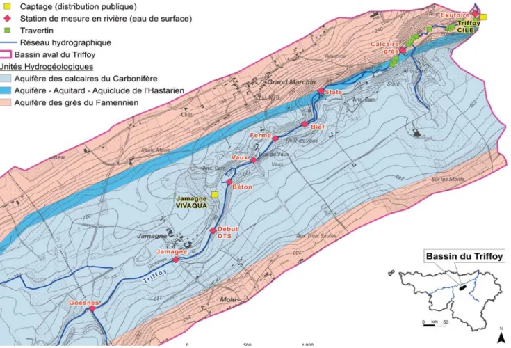 Fig. 3. Bassin aval du Triffoy: localisation des stations de mesure des eaux de surface et des zones de travertin.