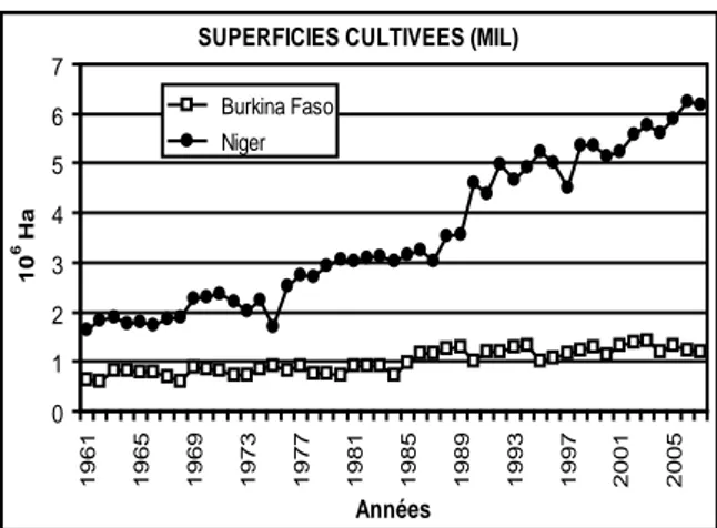 Figure 12. Evolution du rendement du mil au Burkina Faso  et au Niger, de 1961 à 2007 (d’après les données de la FAO,  2010).
