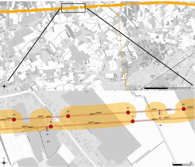 Figure 3: Calculation of 0.4 microT for (a) Lokeren, Belgium and (b) zoomed in on the area  where the measurements were performed
