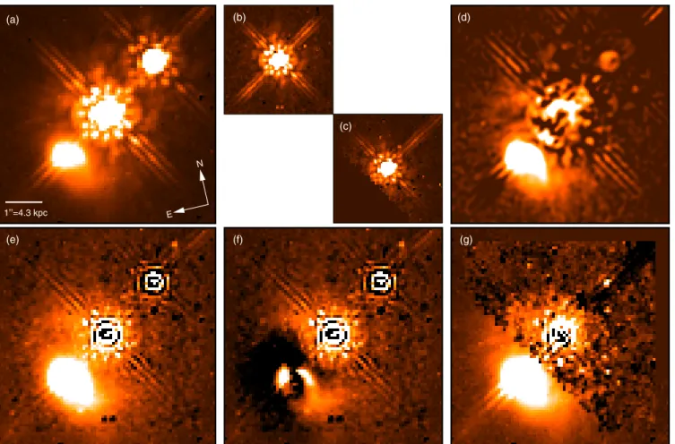 Figure 3. NICMOS H-band data. Shown are (a) original observed image, (b) the separately observed PSF star EIS J033259.33–274638.5 and (c) cleaned and masked foreground star used as alternative PSF