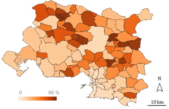 Figure 19 : Part de maisons individuelles en 2012,  exprimée en %  / Source : données INSEE 2012, traitement avec  QGis  