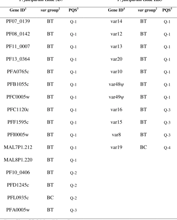 Table 1. Predicted G-quadruplex sequences in the upstream regions of Group B var genes from P