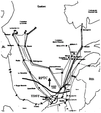 Fig.  I,  Hydro-Quebec  EHV  syslem  with  RPTC  and  TDST action  zones 