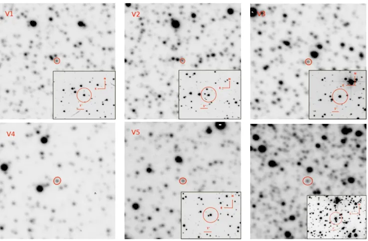 Fig. 4. Finding charts for the five ω Cen variables labelled V1–5 as well as the slower variable (bottom right) based on FORS2 preimaging taken under ∼ 0.8  seeing in the Johnson B-band