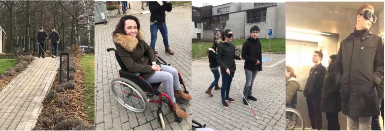 Figure 1 : Role play conducted by the second-year students from University of Liège as part of the  Architectural Project Methodology course, as to better understand mobility impairment