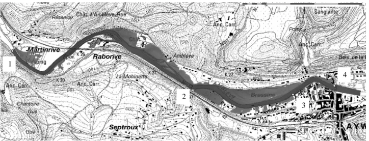 Figure 4: Numerical results of the December 21 th , 1993 flood extension computation on a 3 km long reach of the  river Amblève – Q = 298 m³/s – Location of the 4 points for water surface elevation comparison  