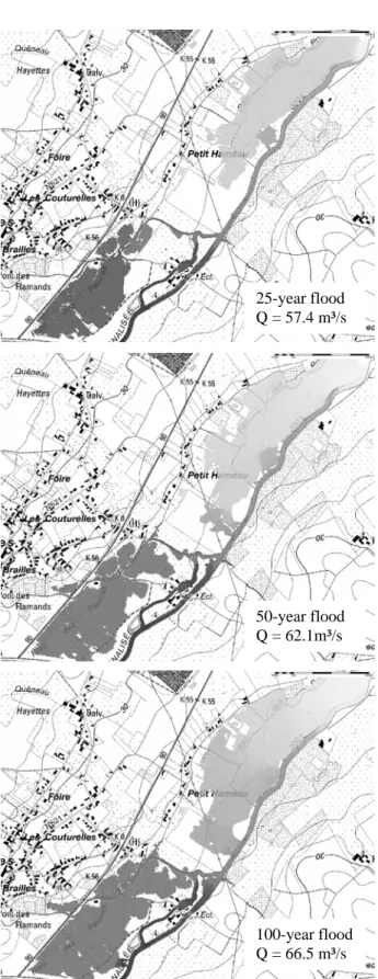 Figure 5: Flood extension maps on the river Dendre near  Papignies for three statistical extreme floods 