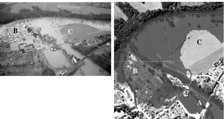 Figure 1: Comparison of flood extension between a real event (left) and the corresponding simulation (right) 