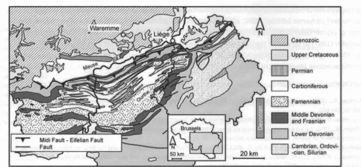 Figure 1. Partial geological map of Belgium (modified from de Bethune, 1954, planche  8), showing the location of Upper Cretaceous  deposits in northeast Wallonia