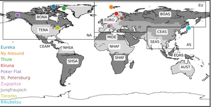 Figure 1. Locations of ground-based FTIR sites used in this study. The biomass burning regions (shaded), and anthropogenic source regions (black rectangles) used for the GEOS-Chem tagged CO simulation are also shown and summarized in Table 2.