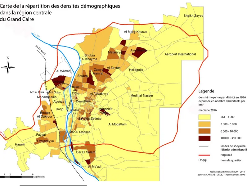 Figure  7 :  Carte  de  la  répartition  des  densités  démographiques  dans  la  région  centrale  du  Grand  Caire 