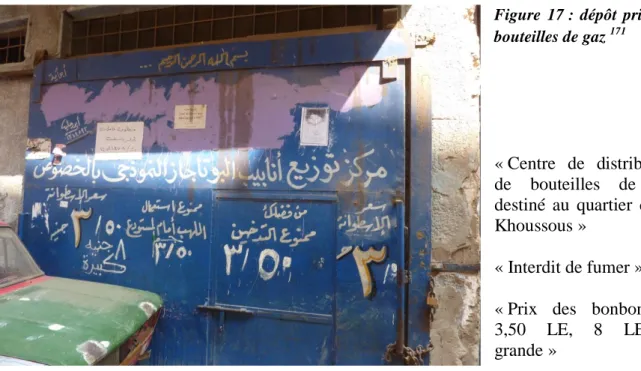 Figure  17 :  dépôt  privé  de  bouteilles de gaz  171 « Centre  de  distribution  de  bouteilles  de  gaz  destiné  au  quartier  de  El  Khoussous »  « Interdit de fumer » 