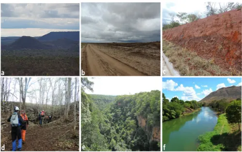 Figure 3. Pictures of the study area (a) the escarpment; (b) the very flat upper part of the sandstone; 