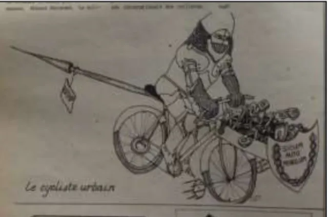 Figure  8  :  Le  cycliste  urbain  en  armure.  Le  Monde  à  Bicyclette. Eté 1982. 