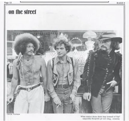 Figure 4. Photographie de trois jeunes hommes hippies dans la rue, “On the Street”, Rags magazine, San  Francisco,  Californie,  N°4,  4  septembre  1970,  p