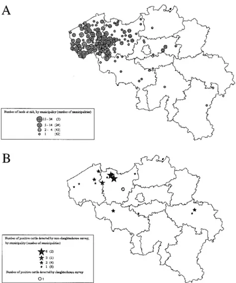 FIGURE  1. Geographical location of cattle exposed to the PCB/dioxin incident in 1999 (A) and exposed to environmental contamination of feed (B).