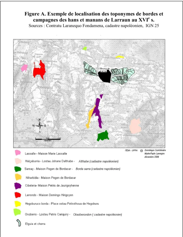 Figure A. Exemple de localisation des toponymes de bordes et  campagnes des hans et manans de Larraun au XVI e  s