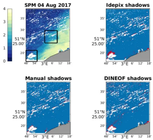Fig. 10. Cloud shadow detection on domain 4, for 4 August 2017. Top left panel shows SPM values, with low values (dark blue) due to shadows, and clouds in white